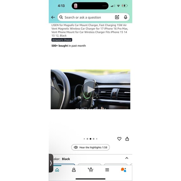 LISEN for Magsafe Vent Car Mount Charger 15w Fast Charging Model 2E778 Black - Picture 9 of 9